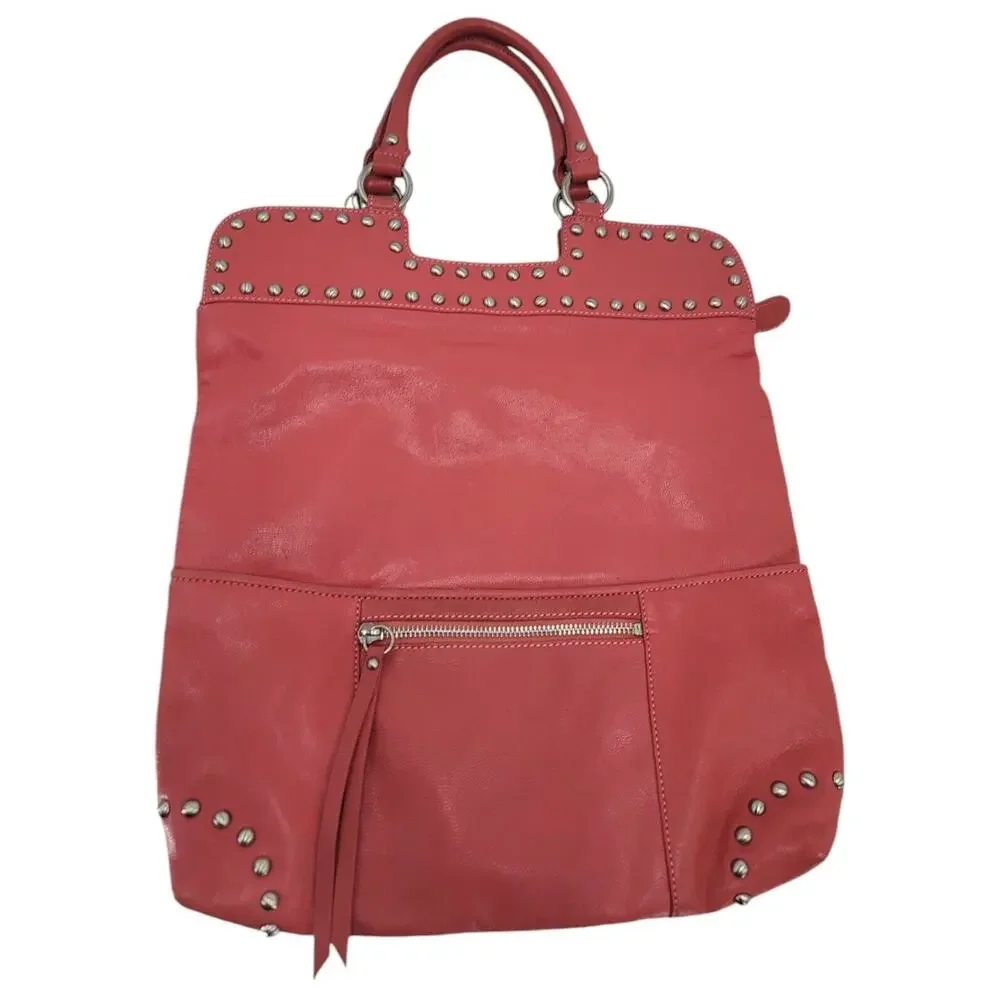 Sorial Studded‎ Leather Tote Shoulder Bag Pink Coral Boho Moto Satchel Purse